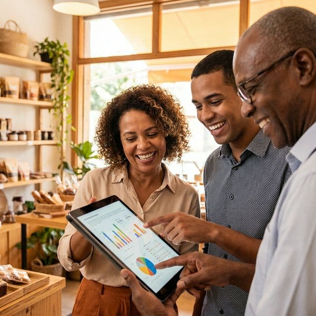 Equipe analisando resultados de fidelidade de clientes no negócio